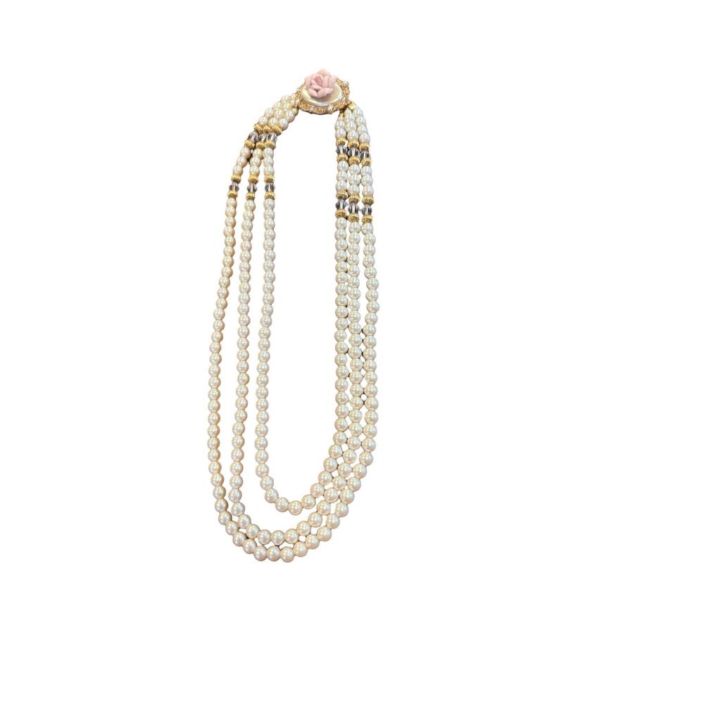 1928 Jewelry Pearl Rose Necklace Romantic Victorian Revival Multi Strand Bridal